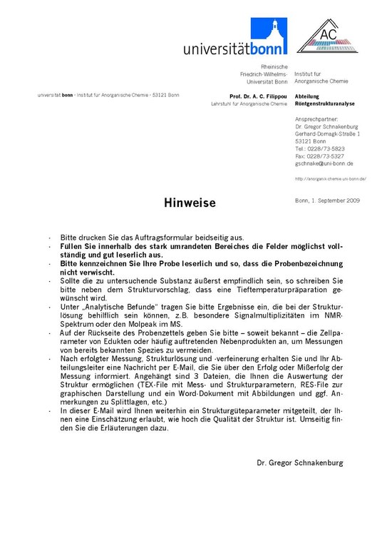 Hinweise Röntgen-Kristallstrukturanalyse