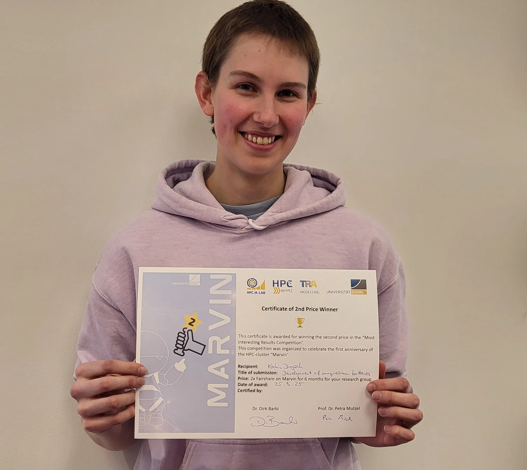 Second prize in the "Most Interesting Results Competition" on Marvin's First Anniversary for Katrin Drysch